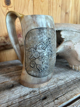 Load image into Gallery viewer, Viking Warrior Hand Engraved Horn Mug