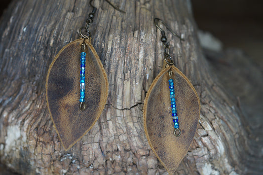 Rustic leather teardrop earrings and blue beads