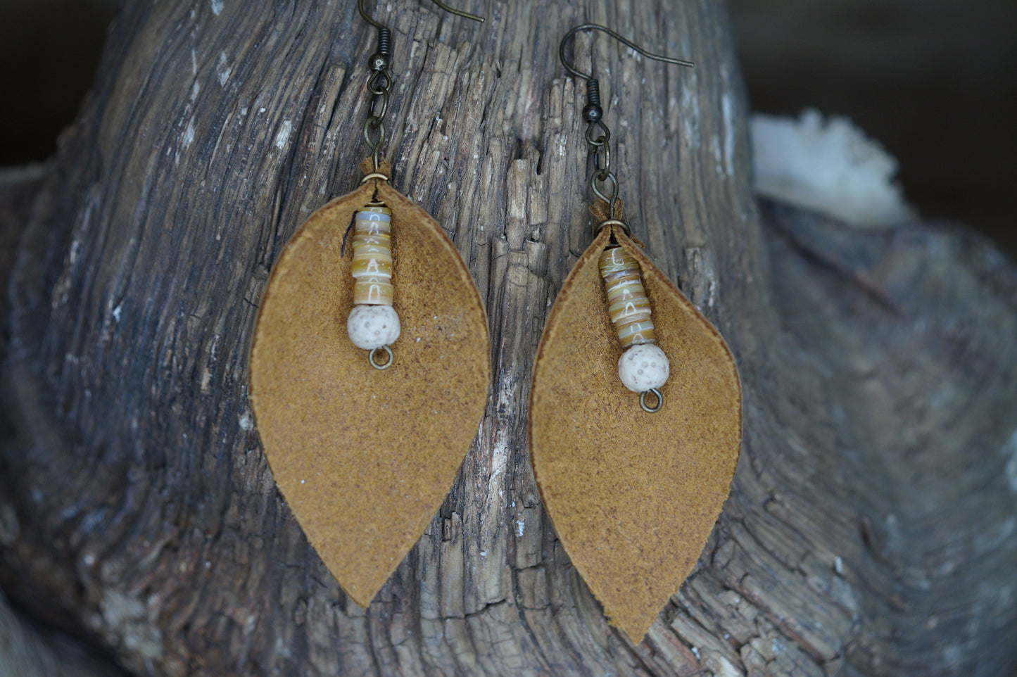 Leather teardrop with stone and lava bead earrings