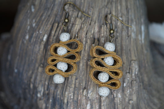 Leather and lava stones spiral earrings